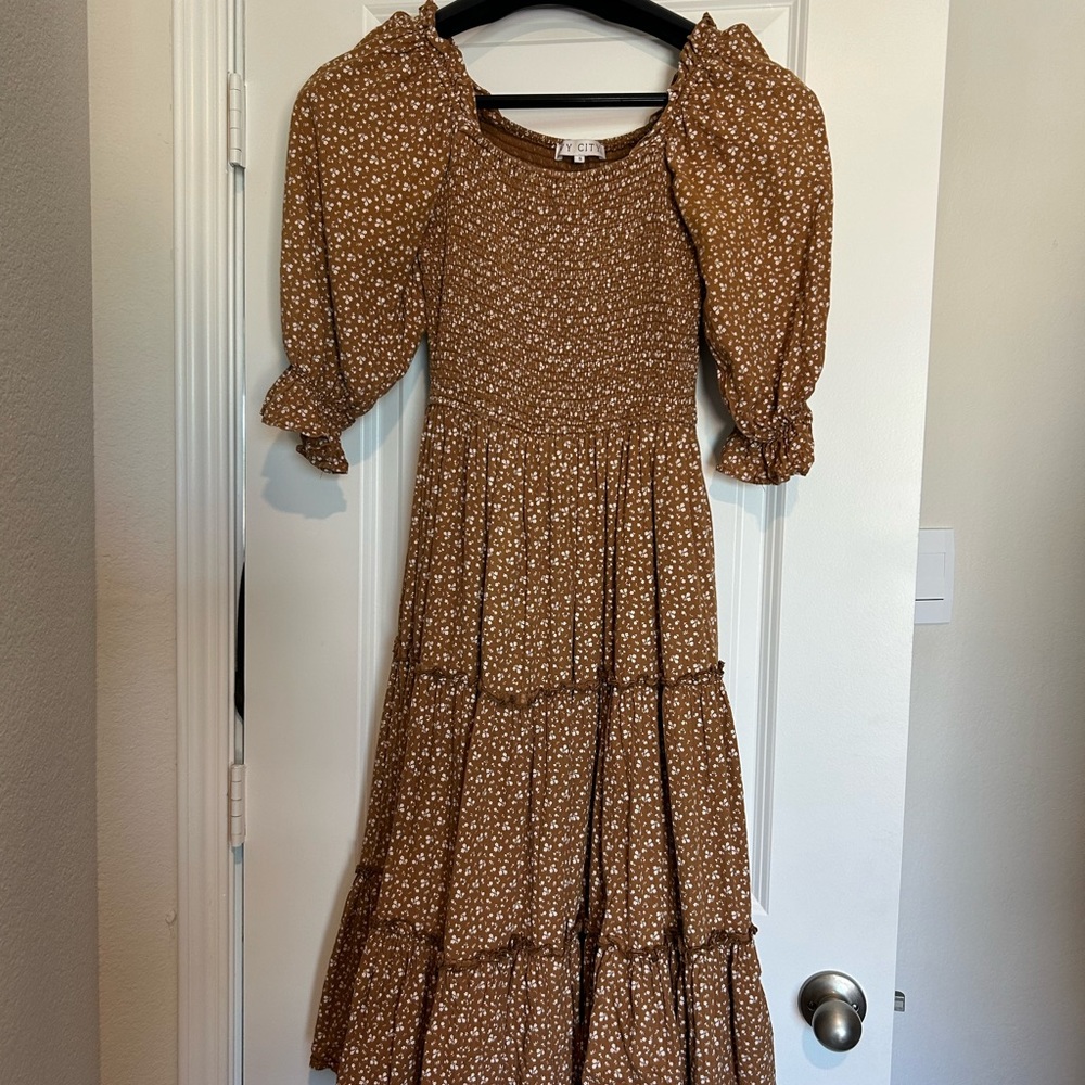 Ivy City Co Brown Tiered Ruffled Sundress with Puff Sleeves